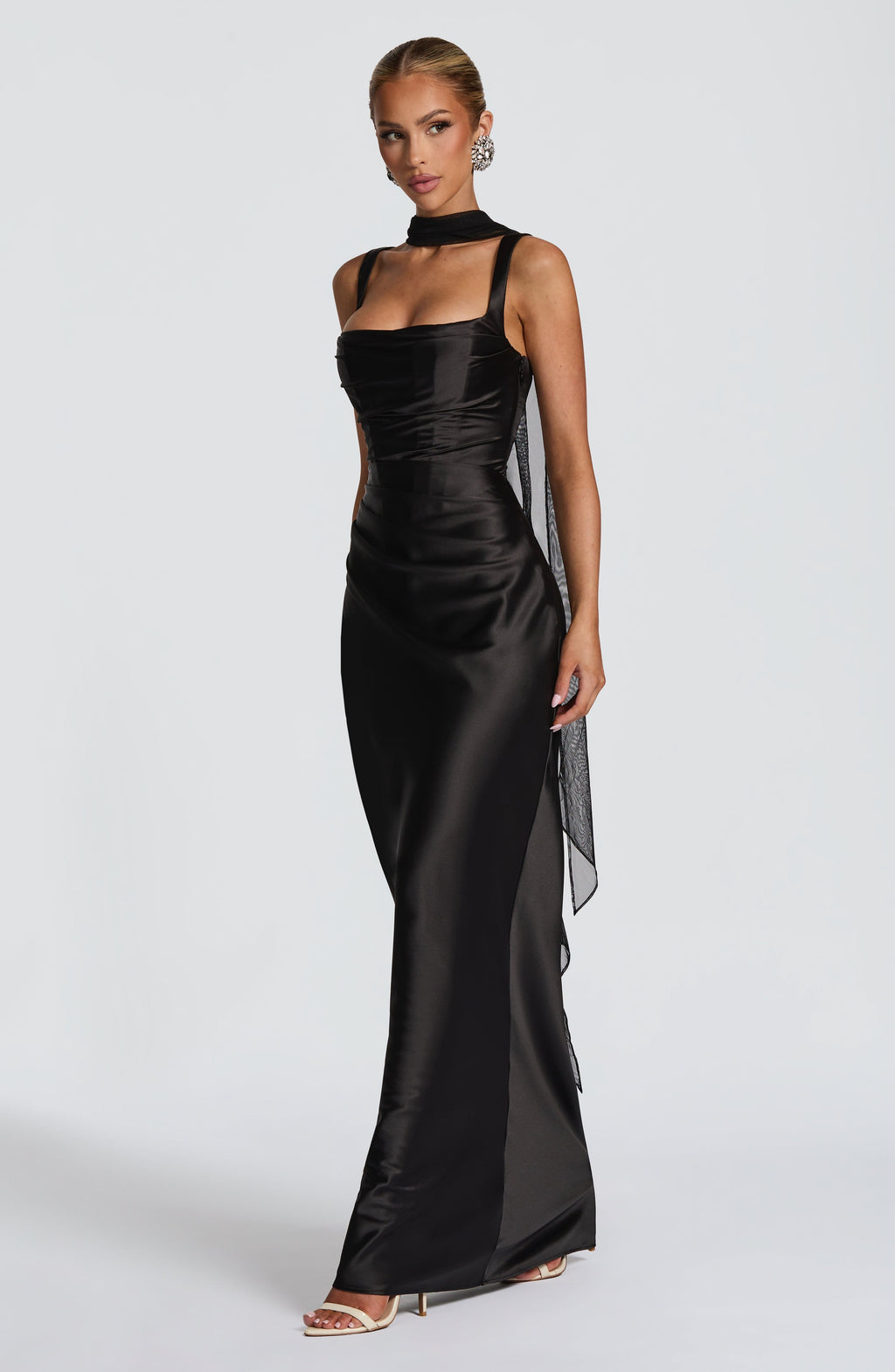 Women's Maxi Evening Gown with Draped Neckline and Fitted Silhouette - 6