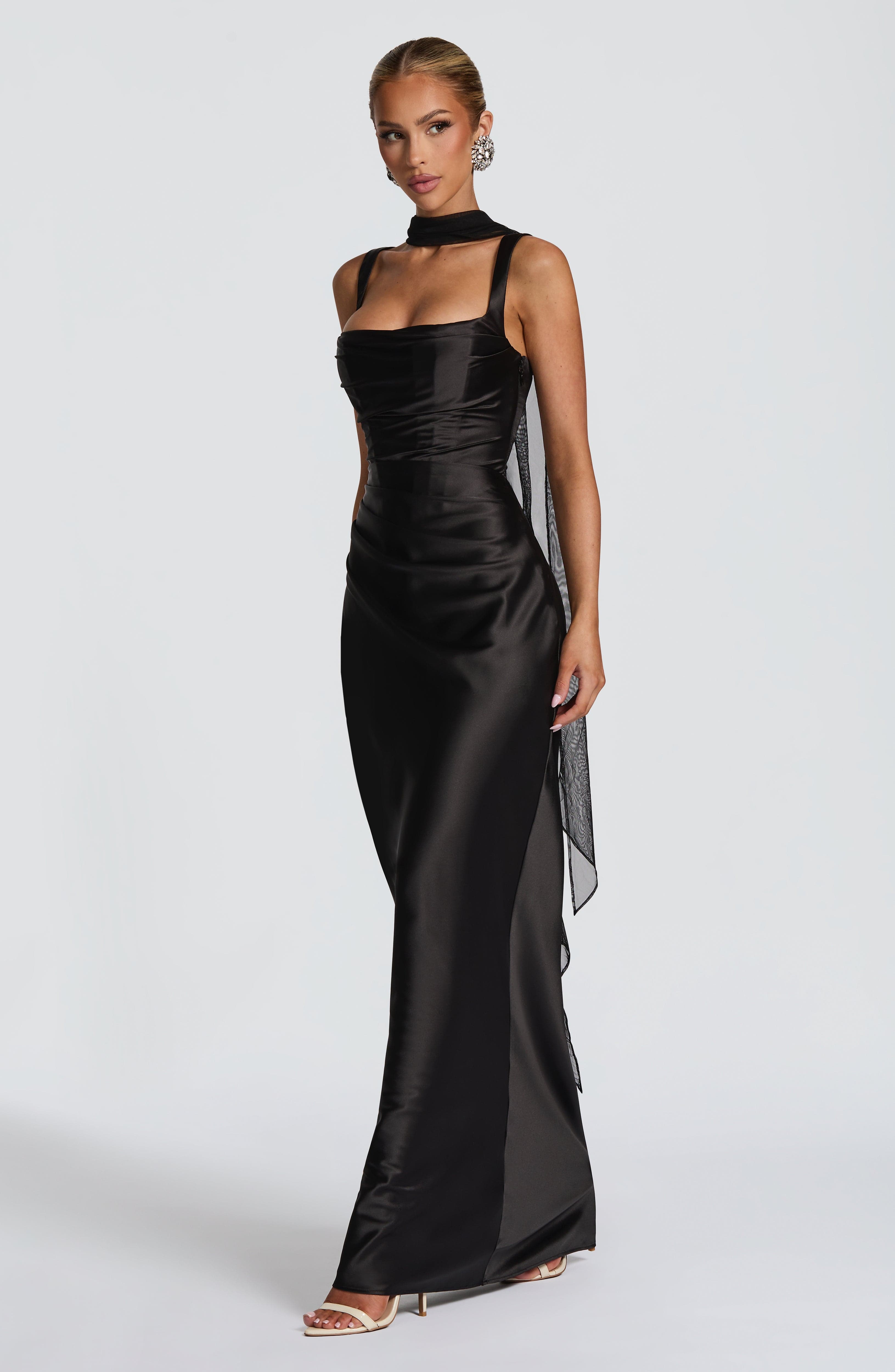 Women's Maxi Evening Gown with Draped Neckline and Fitted Silhouette - 6