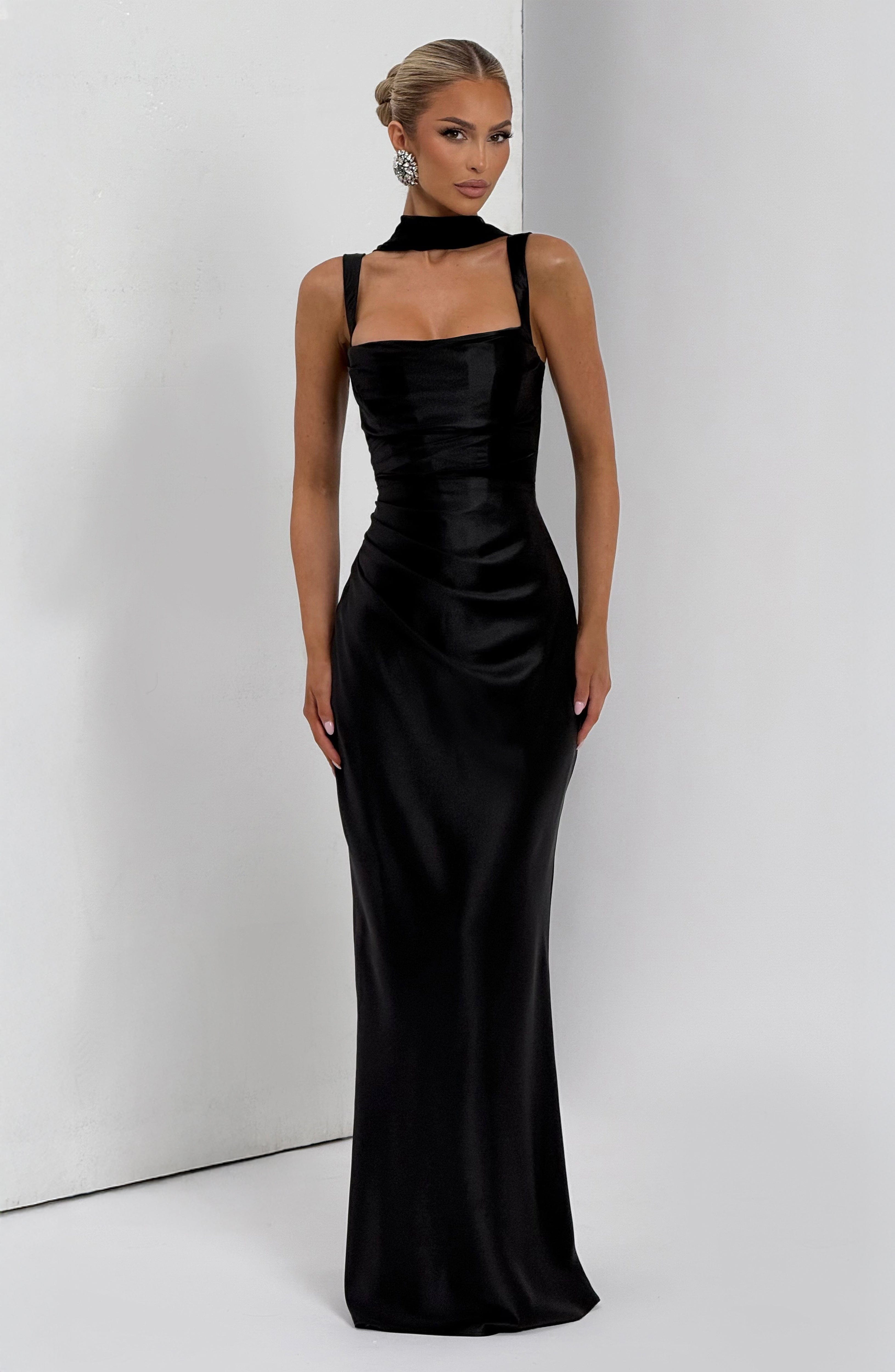 Women's Maxi Evening Gown with Draped Neckline and Fitted Silhouette - 8