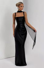 Women's Maxi Evening Gown with Draped Neckline and Fitted Silhouette - 7