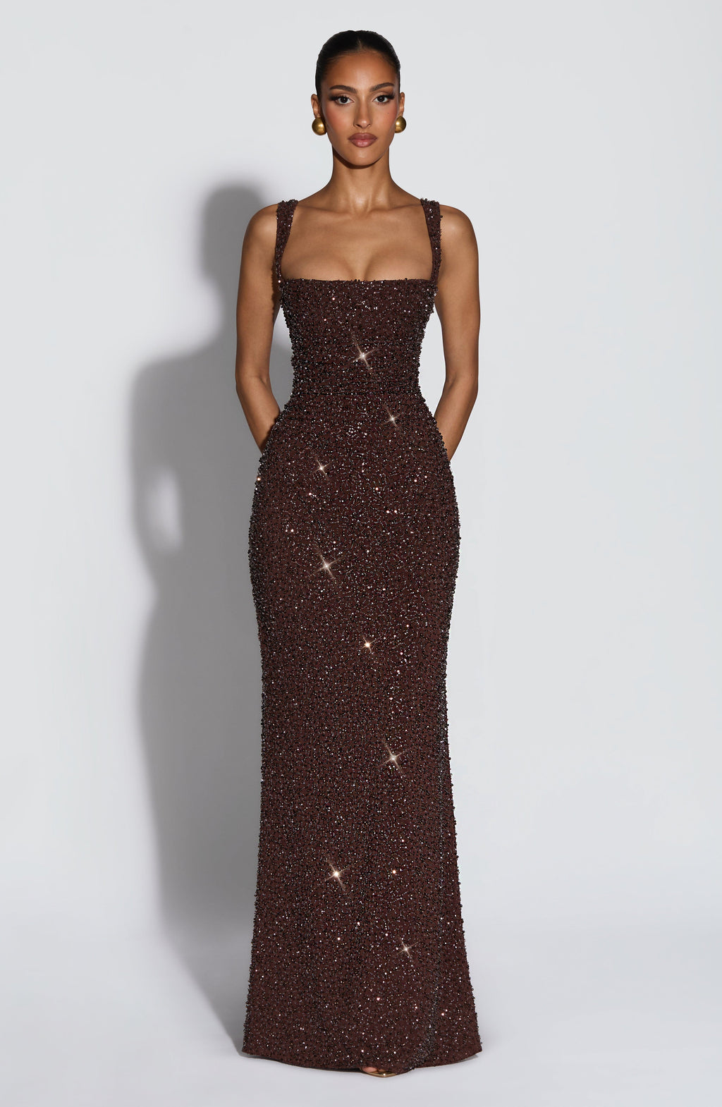 Women's Sleeveless Shimmer Maxi Dress with Square Neck and Sculpted Silhouette - 9