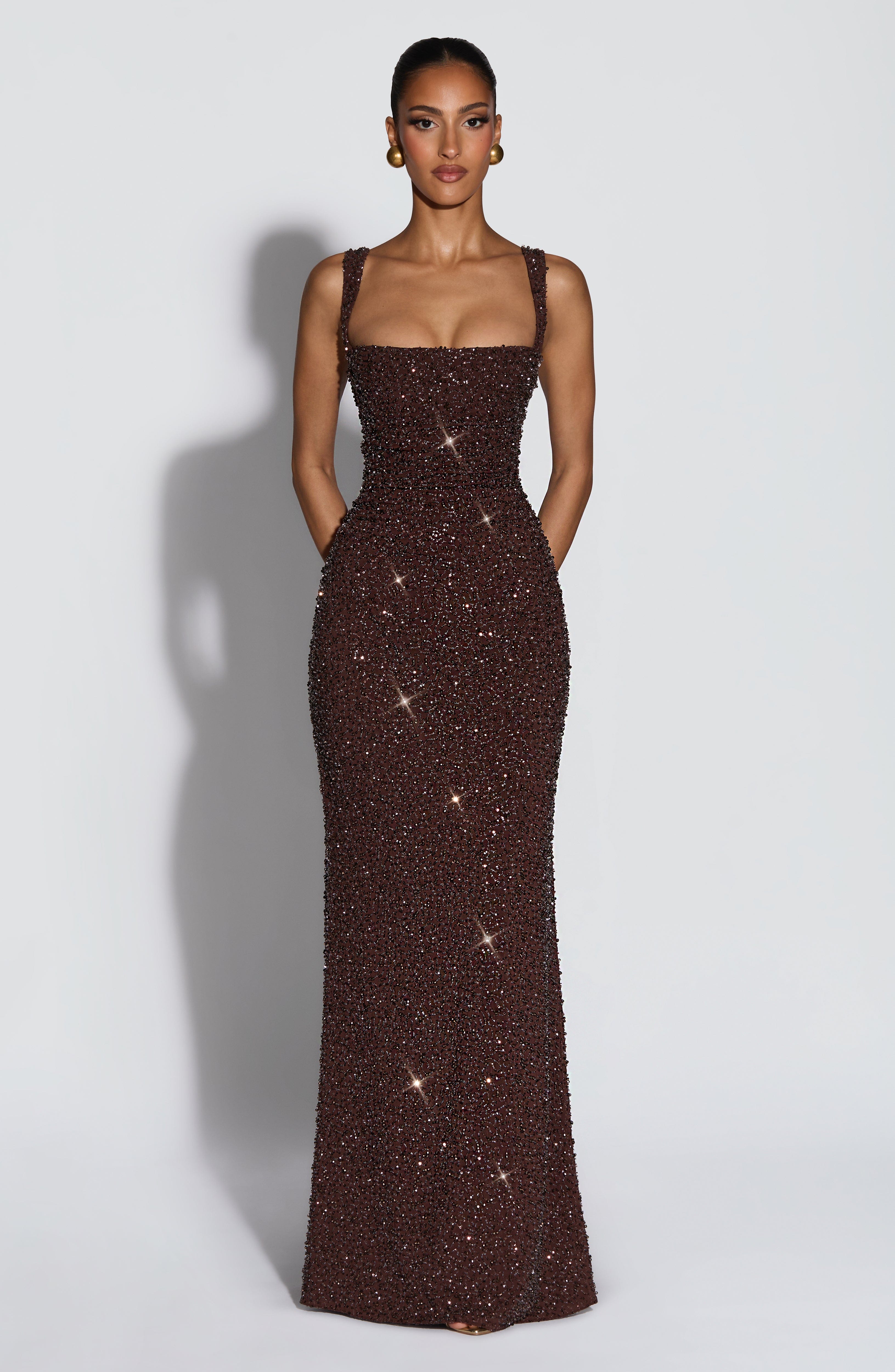 Women's Sleeveless Shimmer Maxi Dress with Square Neck and Sculpted Silhouette - 9