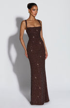 Women's Sleeveless Shimmer Maxi Dress with Square Neck and Sculpted Silhouette - 3