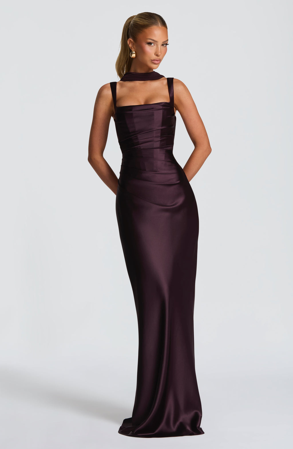 Women's Pleated Satin Maxi Dress with Square Neck and Draped Detail - 5