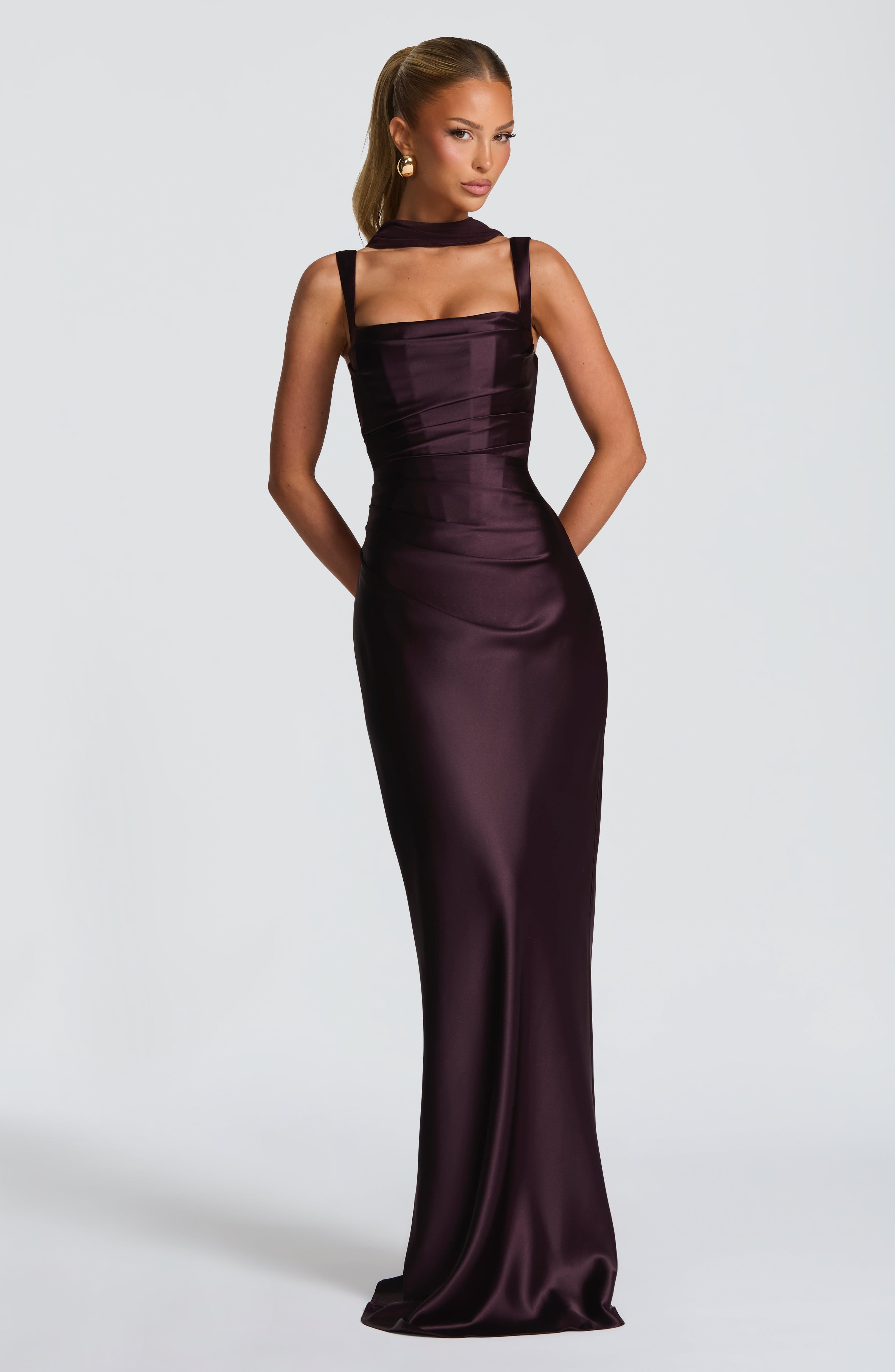Women's Pleated Satin Maxi Dress with Square Neck and Draped Detail - 5