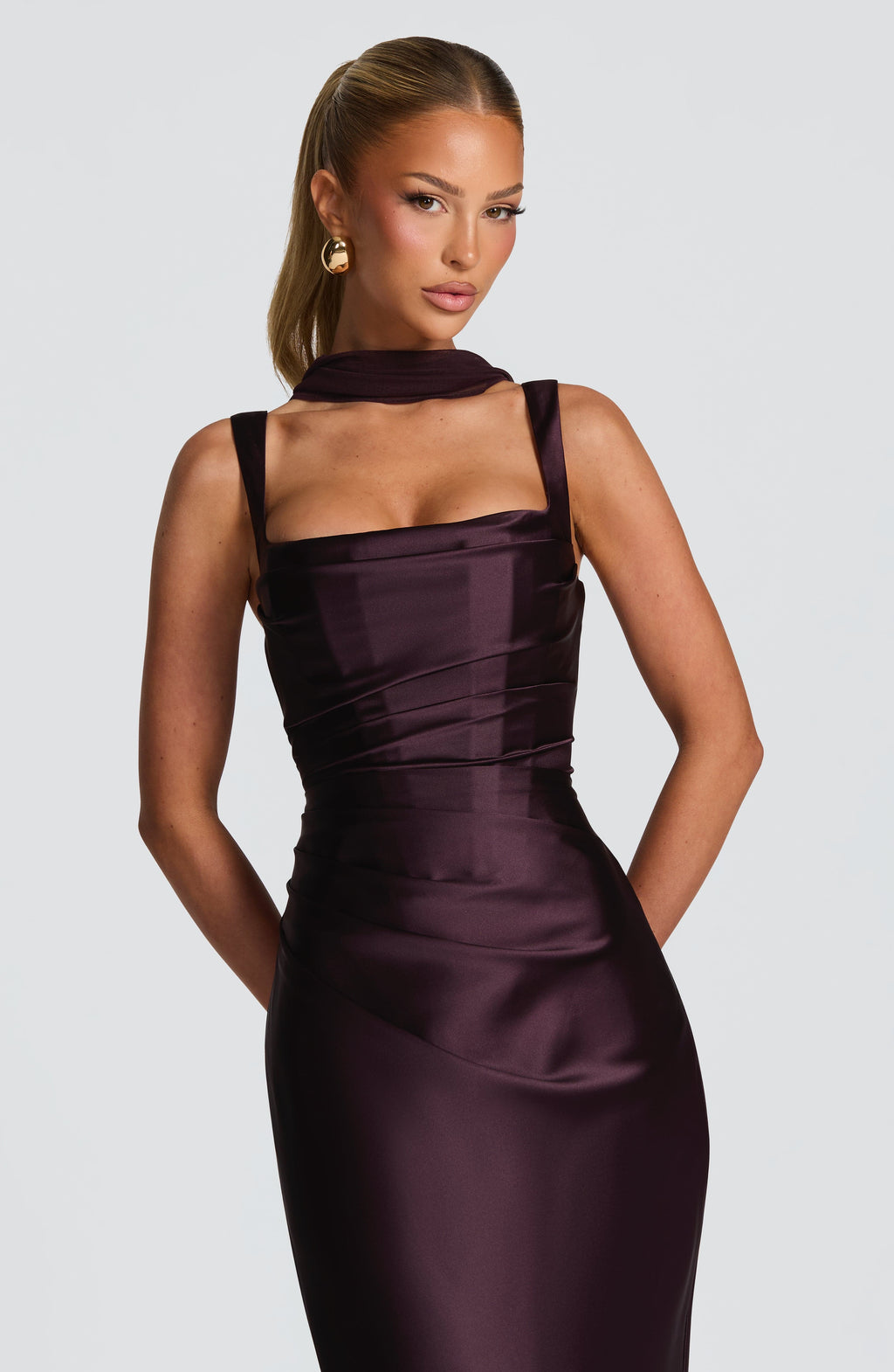 Women's Pleated Satin Maxi Dress with Square Neck and Draped Detail - 6