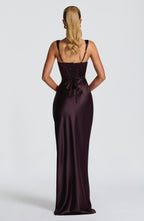 Women's Pleated Satin Maxi Dress with Square Neck and Draped Detail - 3