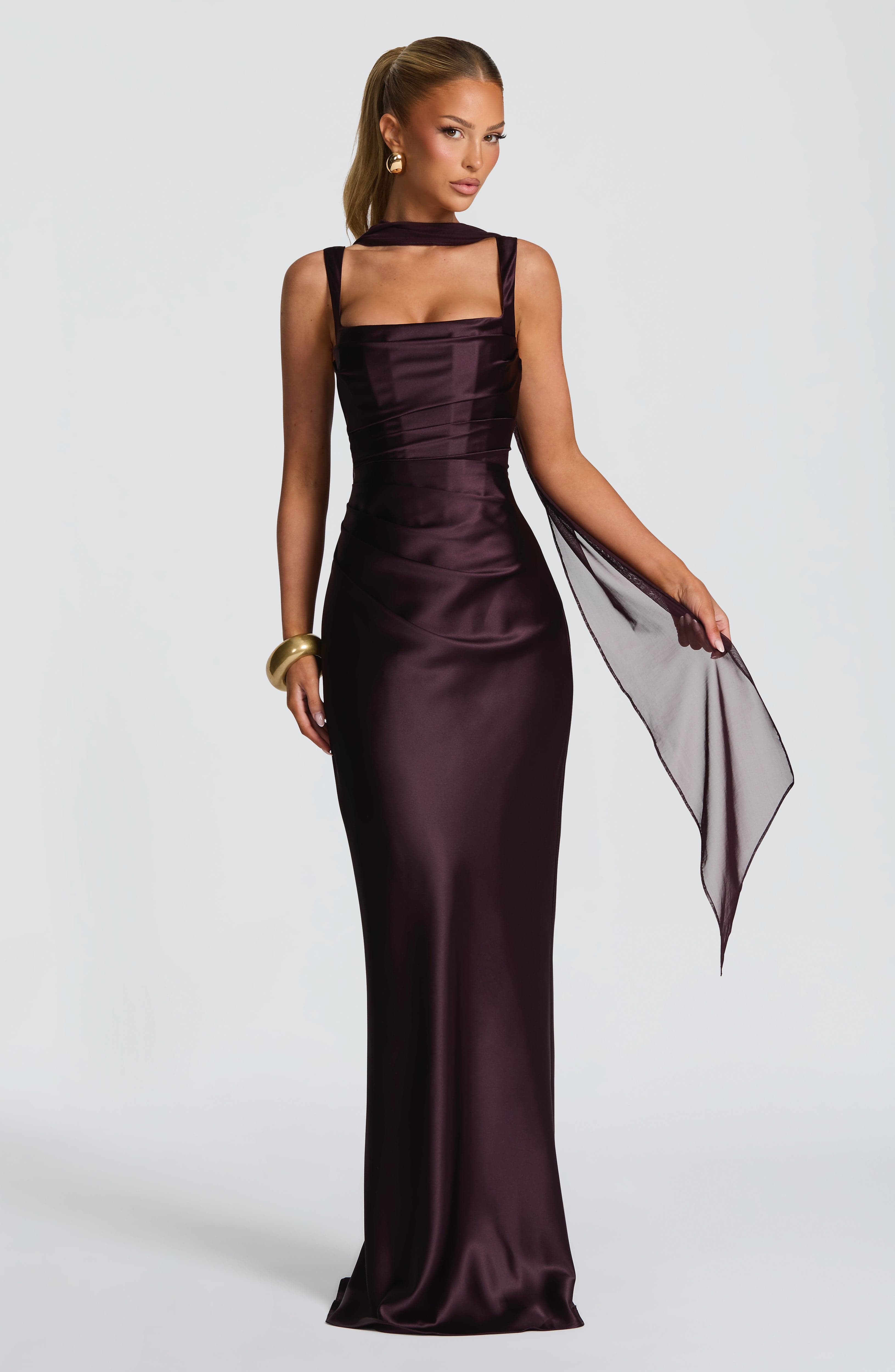 Women's Pleated Satin Maxi Dress with Square Neck and Draped Detail - 2