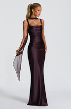 Women's Pleated Satin Maxi Dress with Square Neck and Draped Detail - 4