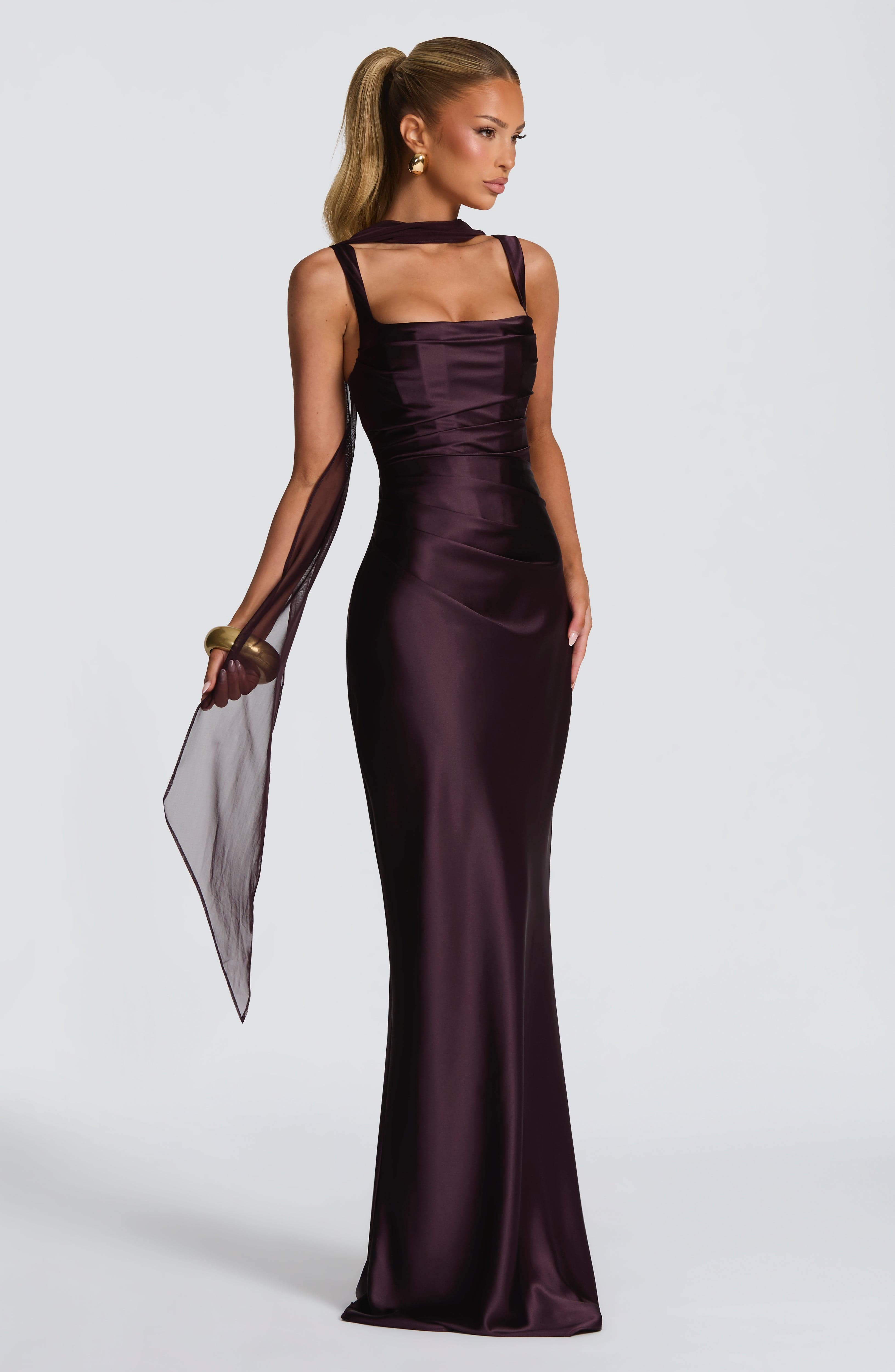 Women's Pleated Satin Maxi Dress with Square Neck and Draped Detail - 4