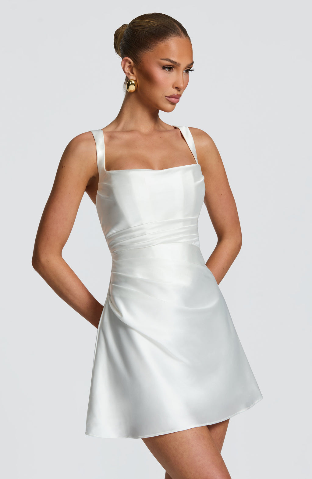Women's Mini Dress with Square Neckline and Ruched Waist - 3