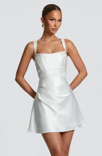 Women's Mini Dress with Square Neckline and Ruched Waist - 2