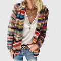 Women's Cardigan Open Front with Multicolour Striped Knit - Red
