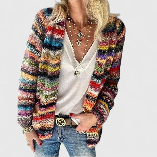 Women's Cardigan Open Front with Multicolour Striped Knit - Red