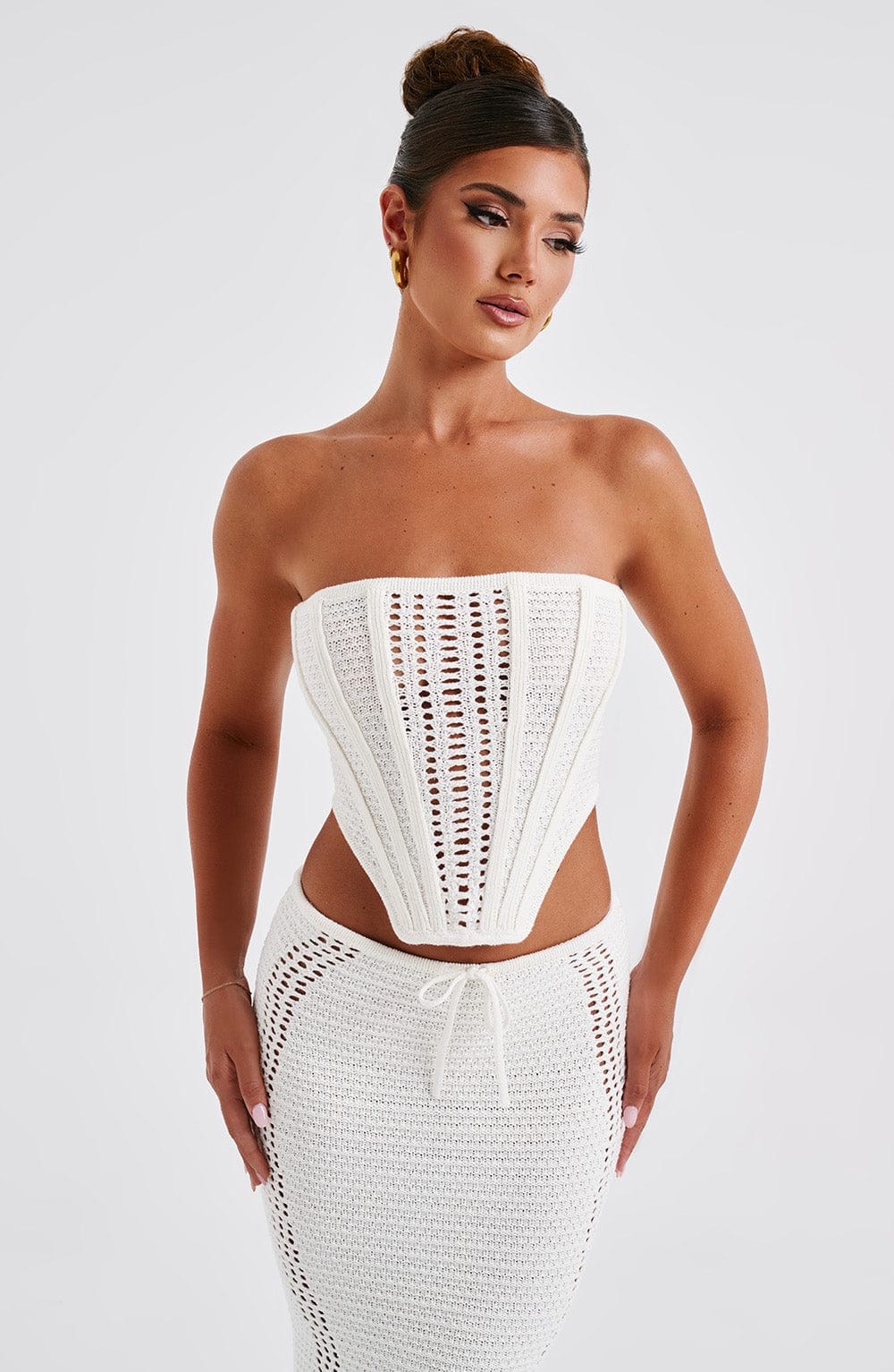Women's Strapless Crochet Corset Top with Boning and Tie Front - 9