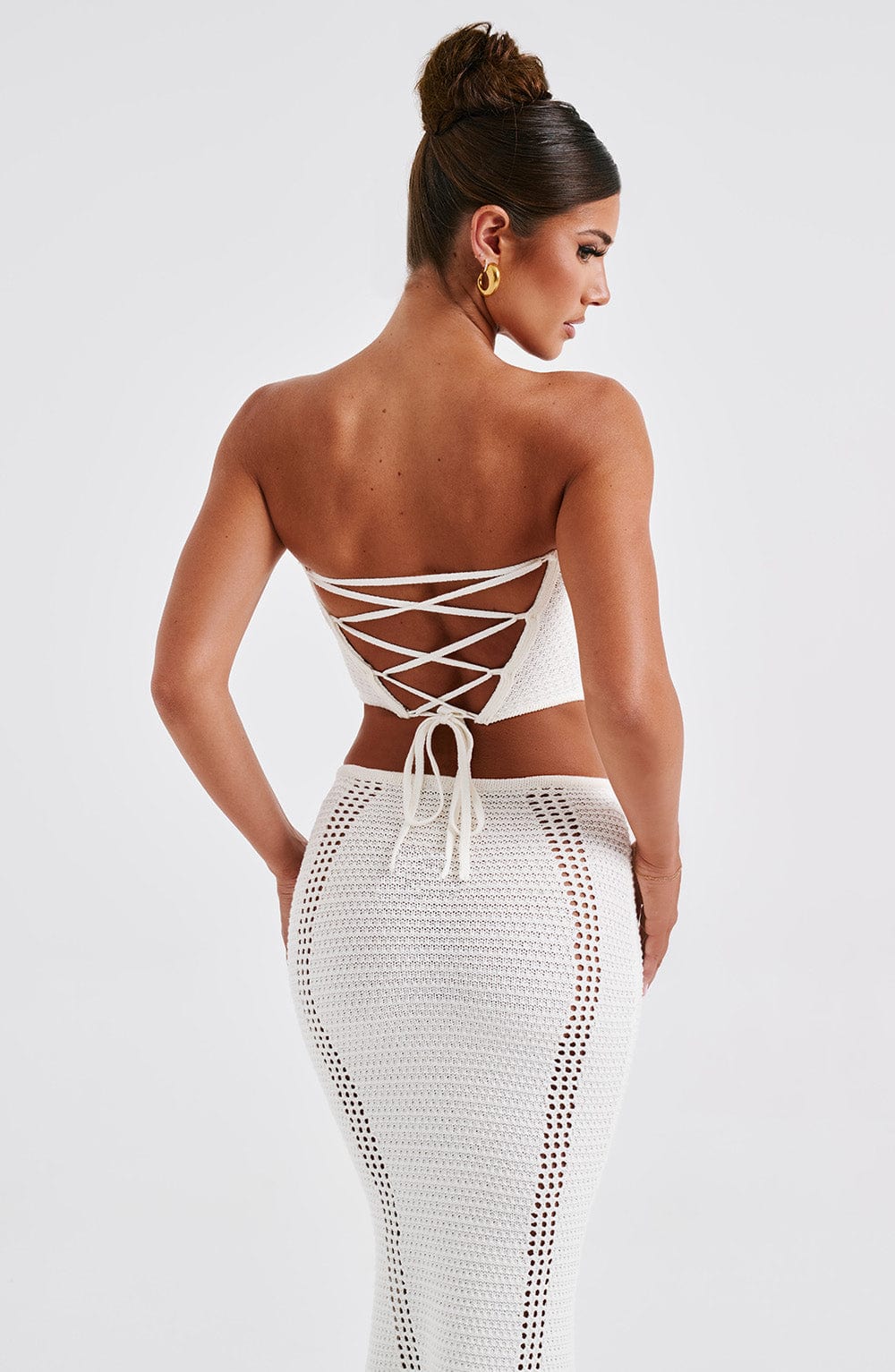 Women's Strapless Crochet Corset Top with Boning and Tie Front - 8