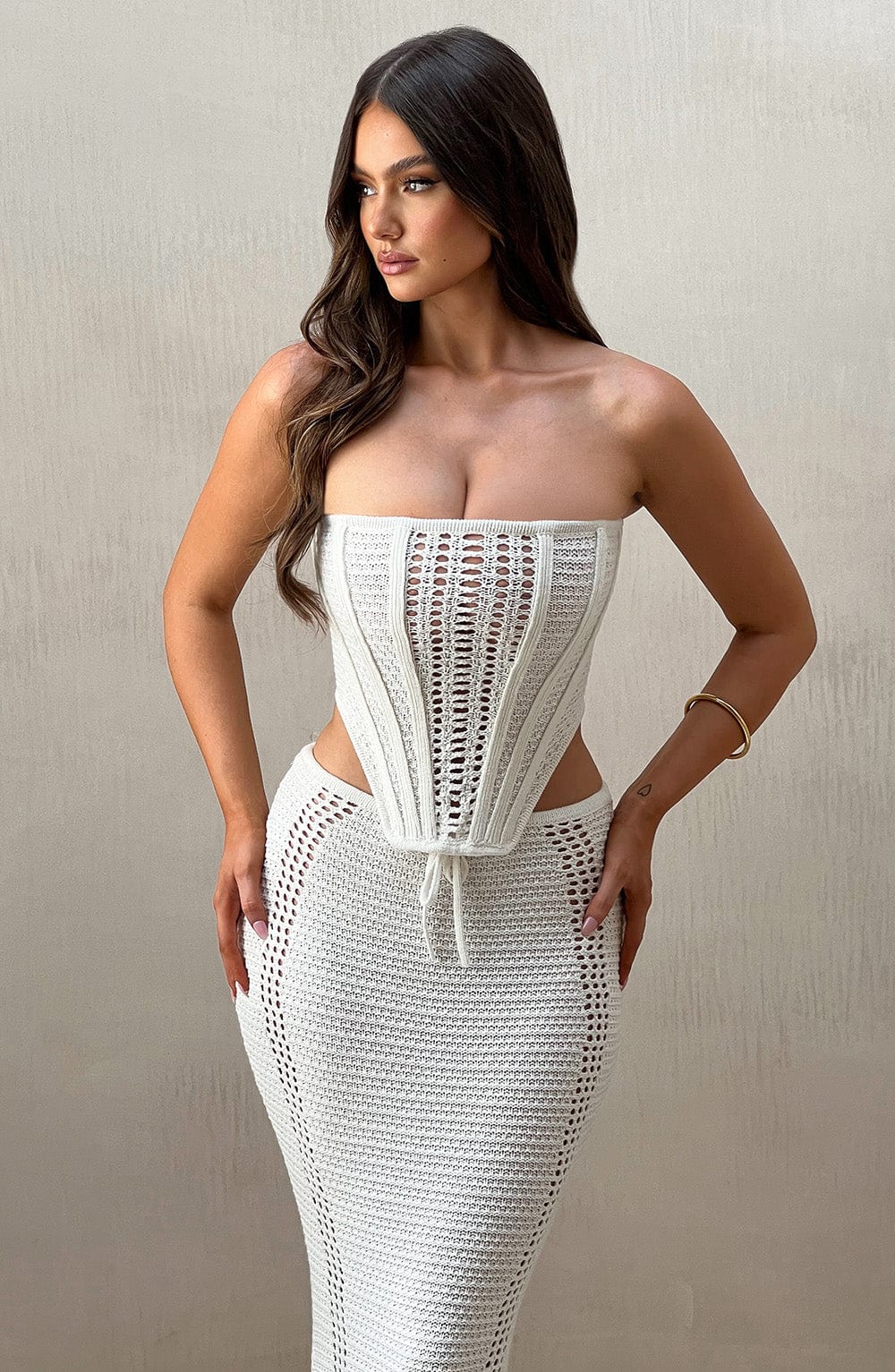 Women's Strapless Crochet Corset Top with Boning and Tie Front - 4