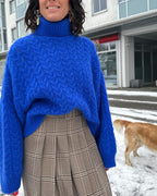 Women's Roll Neck Jumper with Dropped Shoulders and Cable Knit - Blue