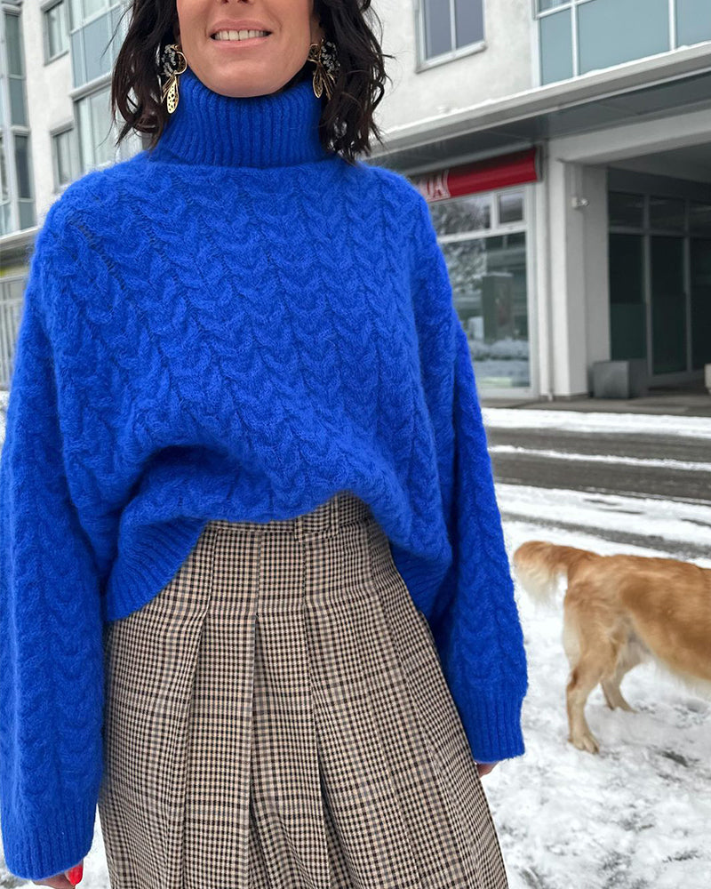 Women's Roll Neck Jumper with Dropped Shoulders and Cable Knit - Blue