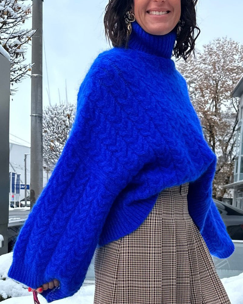 Women's Roll Neck Jumper with Dropped Shoulders and Cable Knit - 3