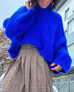 Women's Roll Neck Jumper with Dropped Shoulders and Cable Knit - 4