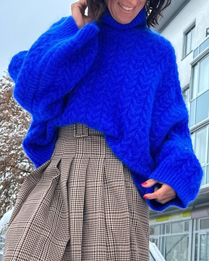 Women's Roll Neck Jumper with Dropped Shoulders and Cable Knit - 4