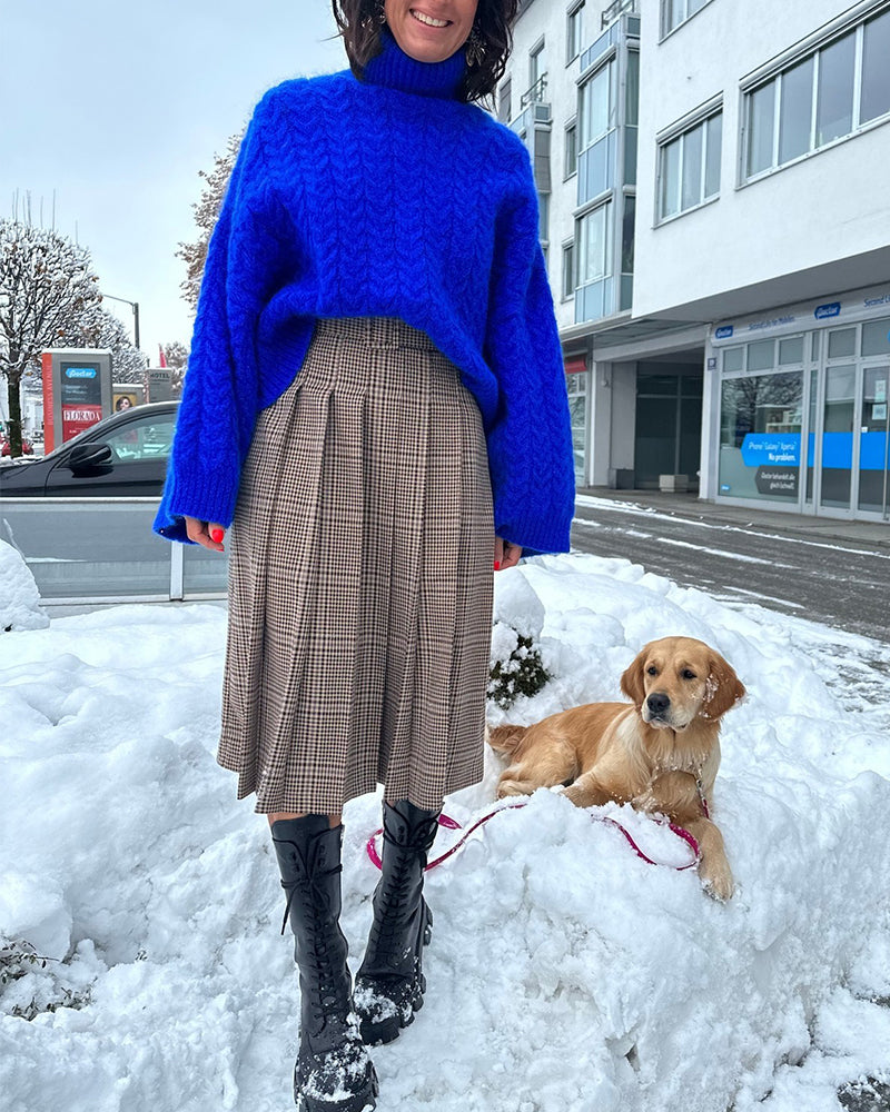 Women's Roll Neck Jumper with Dropped Shoulders and Cable Knit