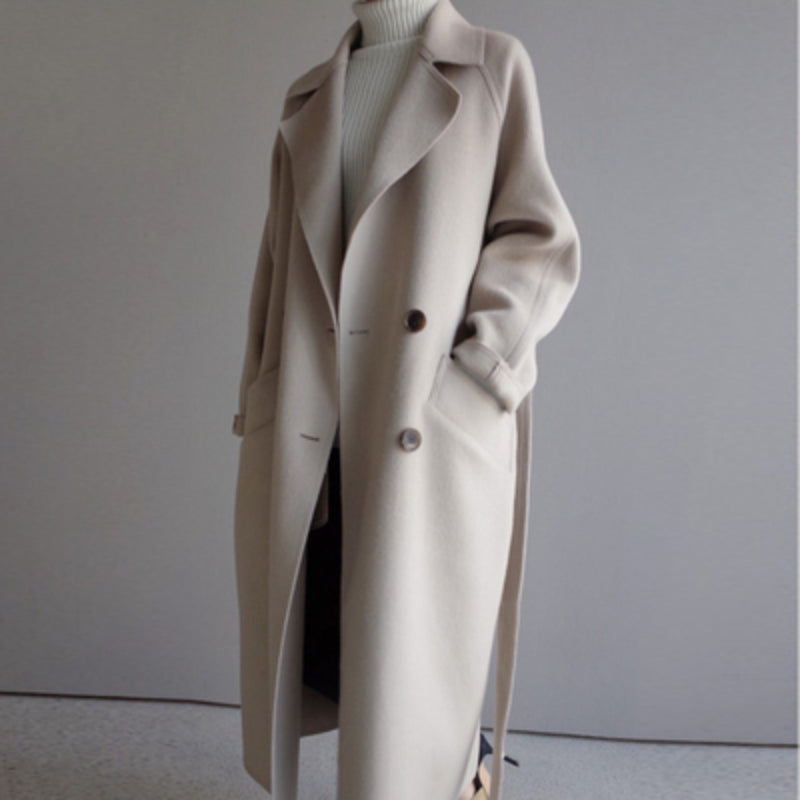 Women's Double-Breasted Longline Coat with Wide Lapels - 4