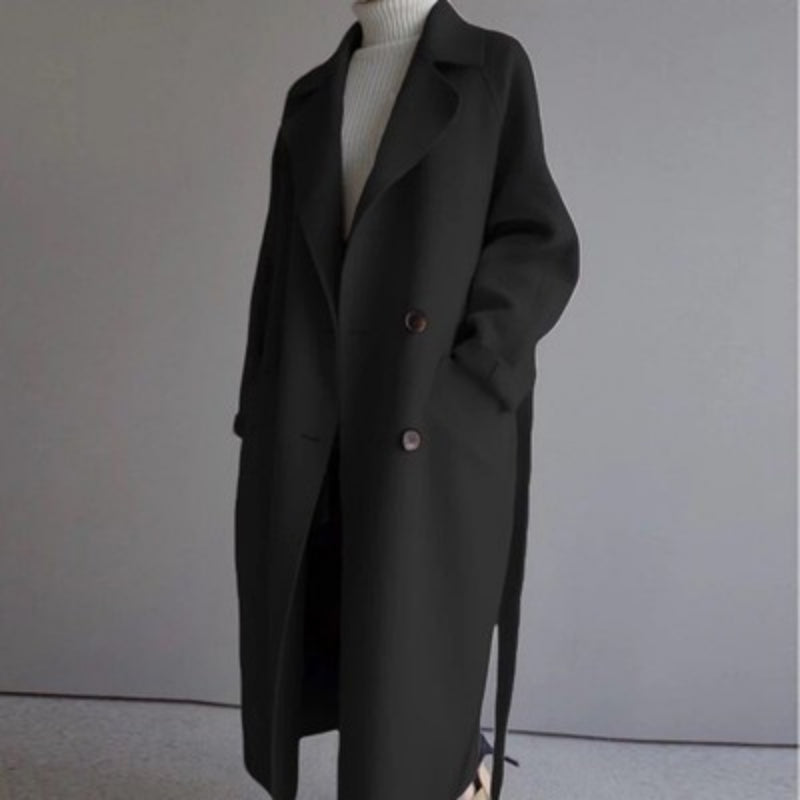 Women's Double-Breasted Longline Coat with Wide Lapels - 7