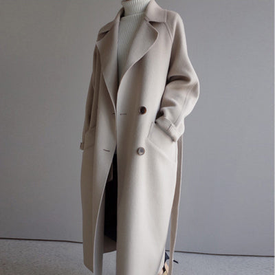 Women's Double-Breasted Longline Coat with Wide Lapels - Beige
