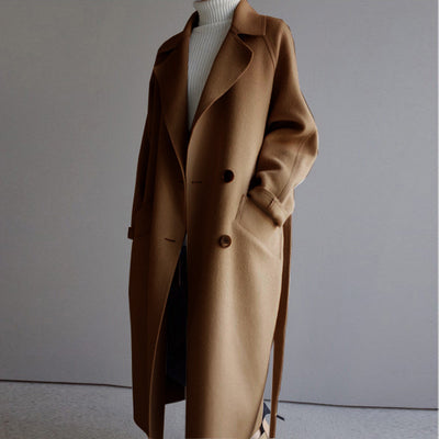 Women's Double-Breasted Longline Coat with Wide Lapels - Brown