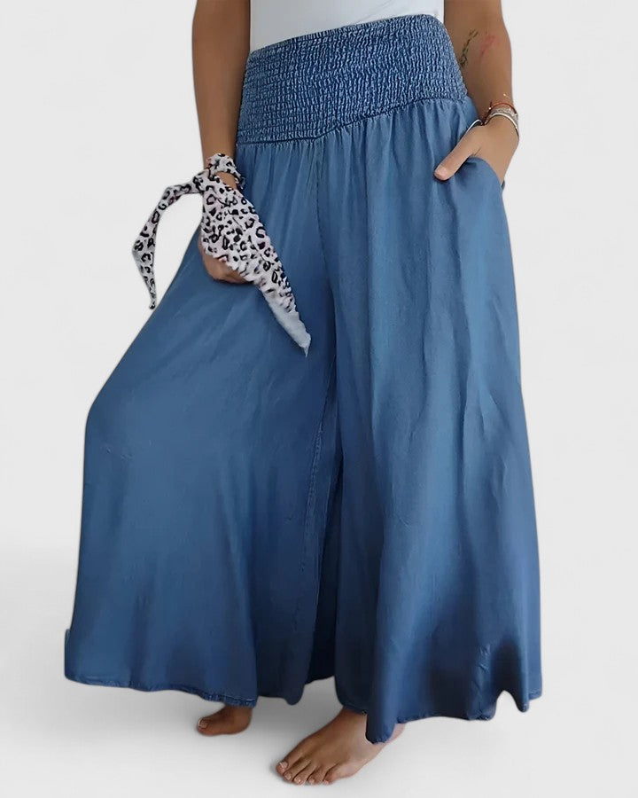 Women's Wide-Leg Trousers with Smocked Waistband - Blue