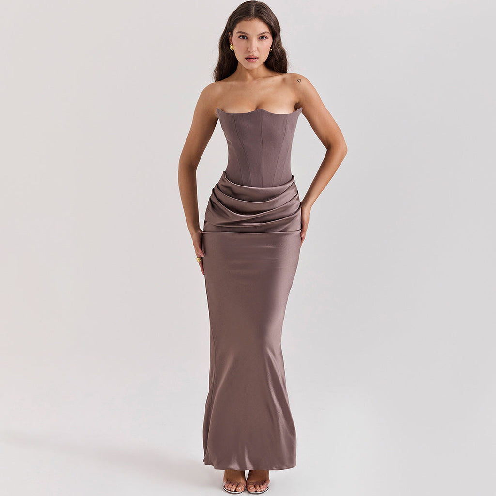Women's Evening Dress Strapless with Corset Bodice and Draped Skirt - Grey