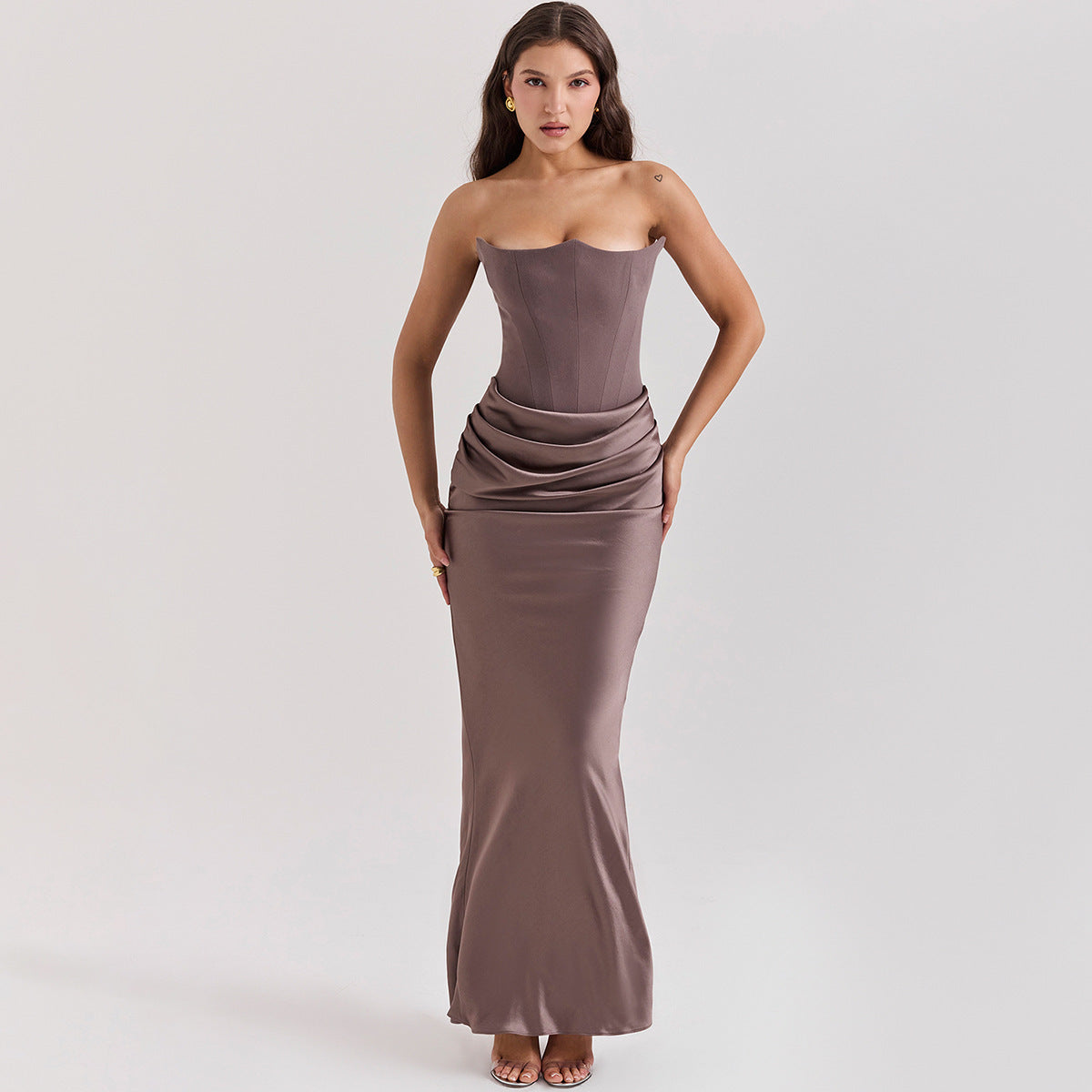 Women's Evening Dress Strapless with Corset Bodice and Draped Skirt - Grey