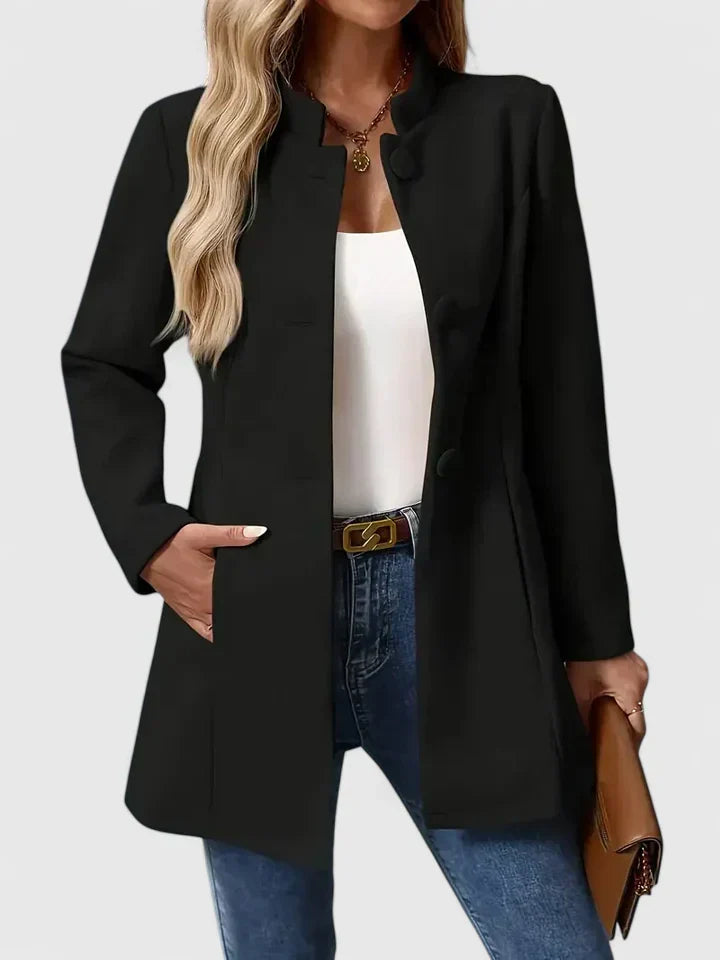 Women's Collarless Jacket with Button Closure and Waist Shaping - Black