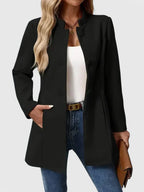 Women's Collarless Jacket with Button Closure and Waist Shaping - Black