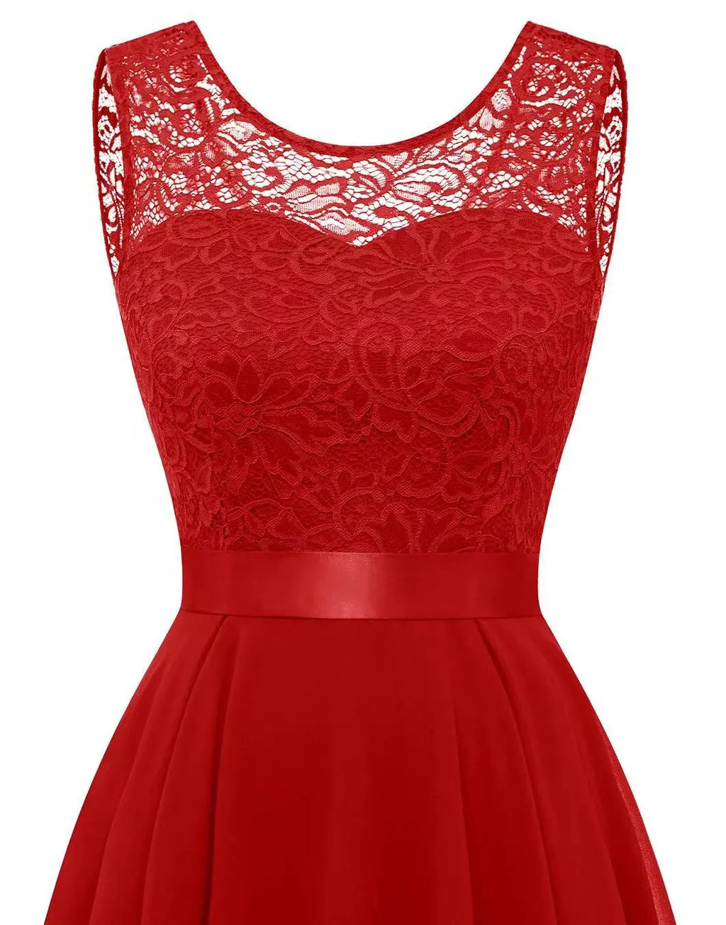 Women's Sleeveless High-Low Dress with Lace Bodice and A-Line Skirt - 12
