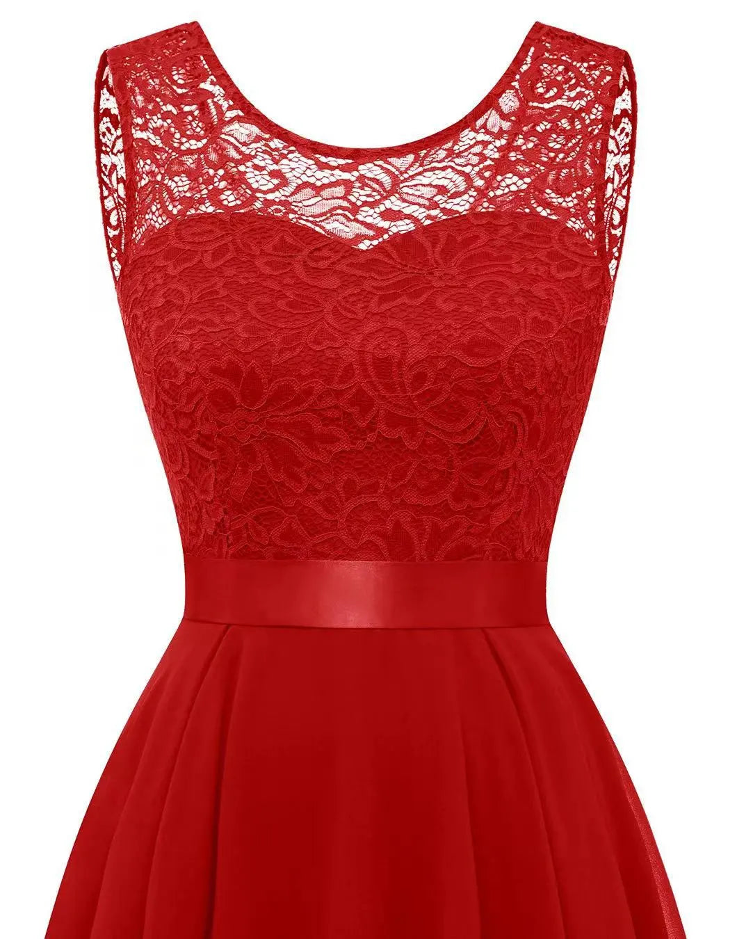 Women's Sleeveless High-Low Dress with Lace Bodice and A-Line Skirt - 12