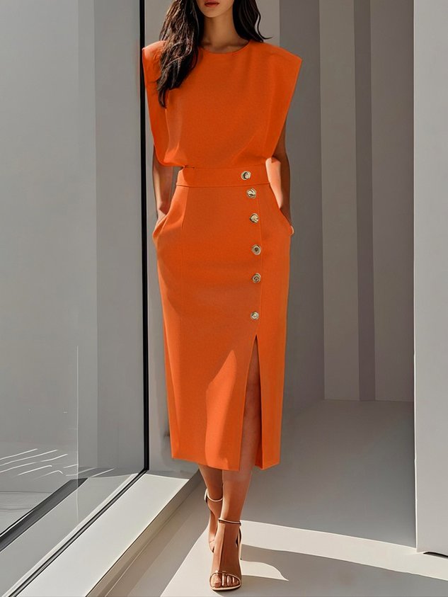 Women's Bodycon Midi Dress Sleeveless with Button Detail and Side Slit - Orange