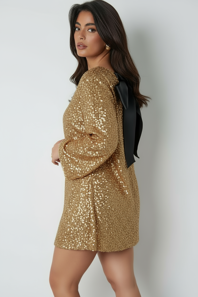 Women's Sequin Mini Dress with Satin Back Bow - Gold