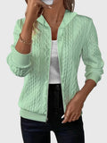 Women's Zip-Up Hoodie with Textured Cable Knit Print - Green