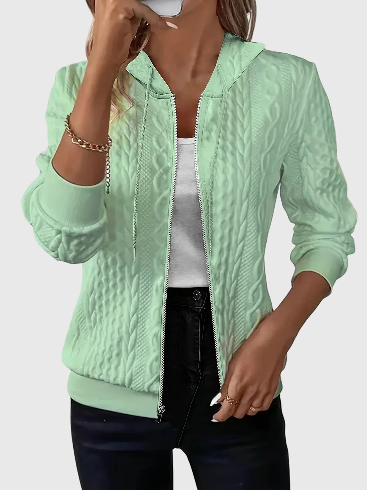 Women's Zip-Up Hoodie with Textured Cable Knit Print - Green