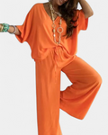 Women's Comfy Summer V-Neck and Wide-Leg Co-Ord - Orange