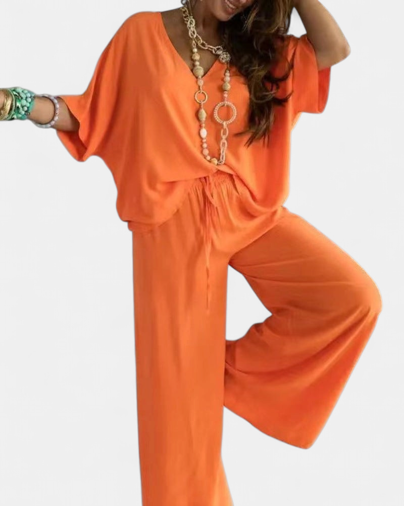 Women's Comfy Summer V-Neck and Wide-Leg Co-Ord - Orange