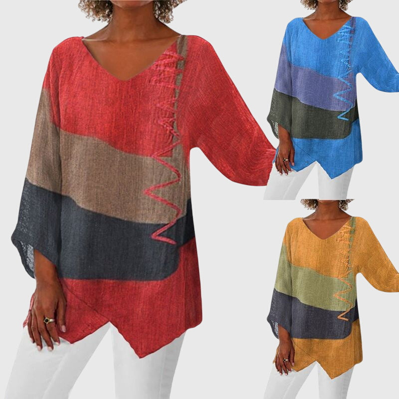 Women's V-Neck Top with Colour Block Print and Flowy Cut - 7