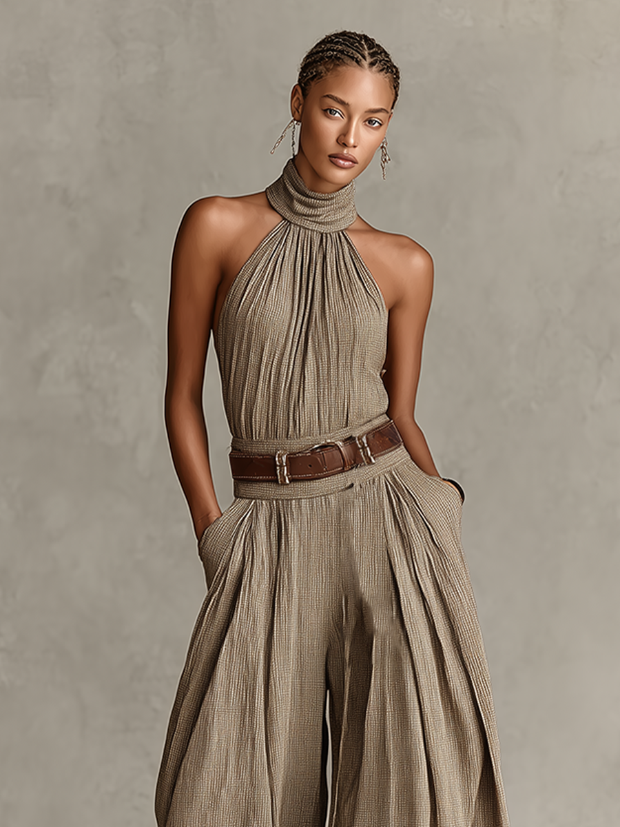 Women's Jumpsuit Sleeveless with Halter Neck and Wide Leg Silhouette - 3
