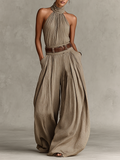 Women's Jumpsuit Sleeveless with Halter Neck and Wide Leg Silhouette - Taupe