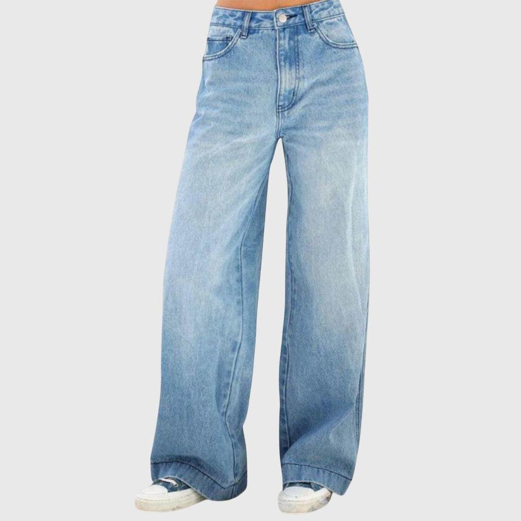 Women's Baggy Denim Trousers with Wide Leg and High Waist - Blue