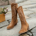 Women's Western Boots with Embroidered Shaft and Block Heel - 6