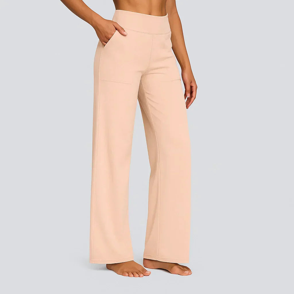 Women's Straight Leg Trousers with High Waist and Pockets - Apricot